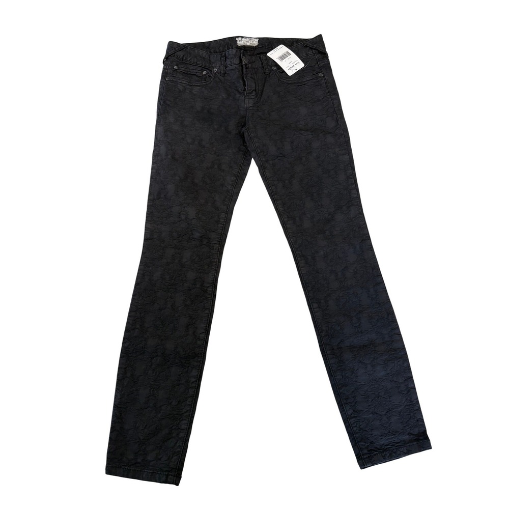 Free People Black Floral Jacquard Skinny Pants Women's Size 27 Velvet Look NWT